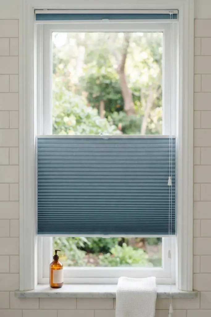 Bathroom blinds guide — blue top-down bottom-up shade lowered for privacy while the top stays open for light