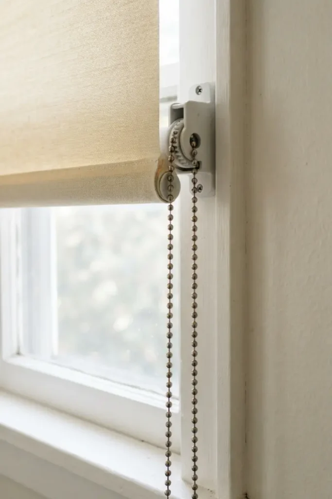 Bathroom blinds guide — close-up of a roller shade continuous loop clutch mechanism