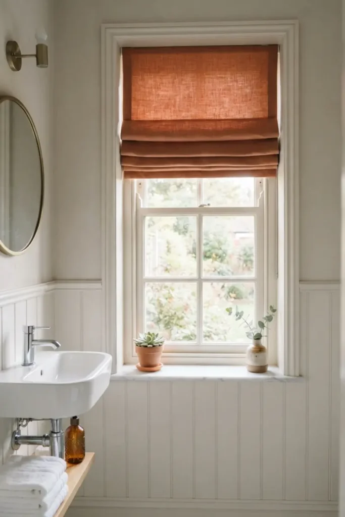 Bathroom blinds guide — terracotta Roman shade in an elegant powder room with brass fixtures
