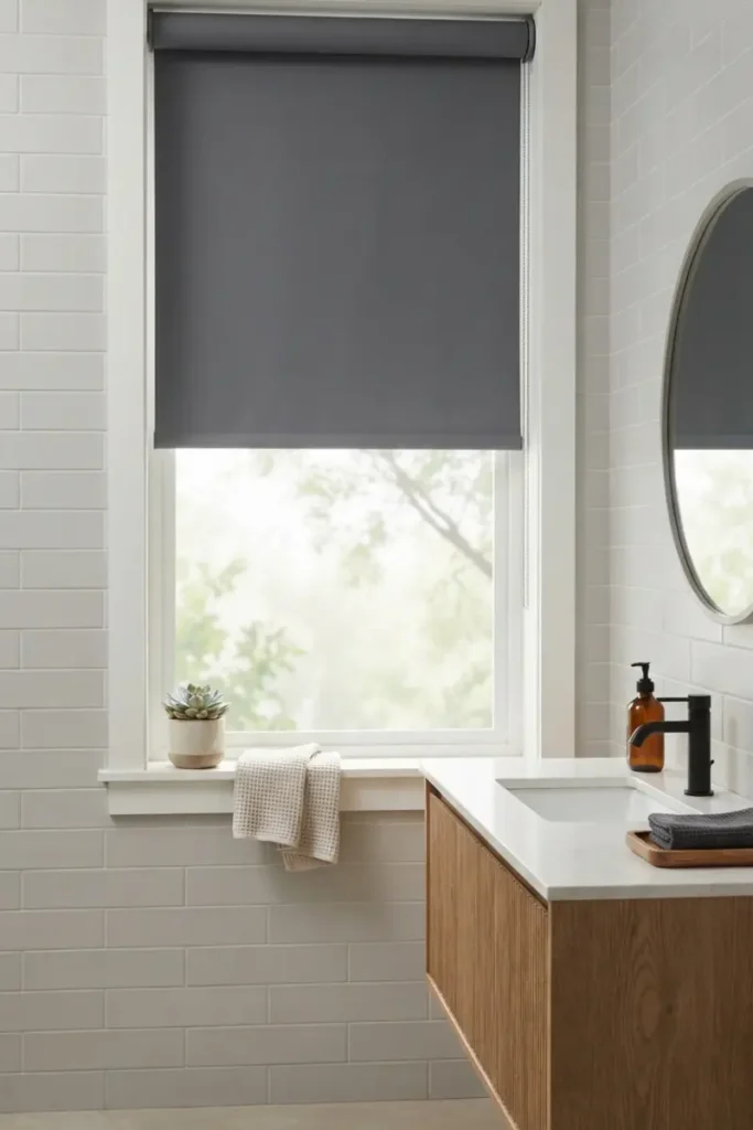 Bathroom blinds guide — charcoal roller shade above a bathroom vanity with black fixtures