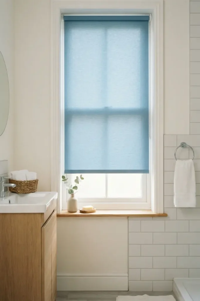 Bathroom blinds guide — cordless blue roller shade in a family bathroom with no dangling cords