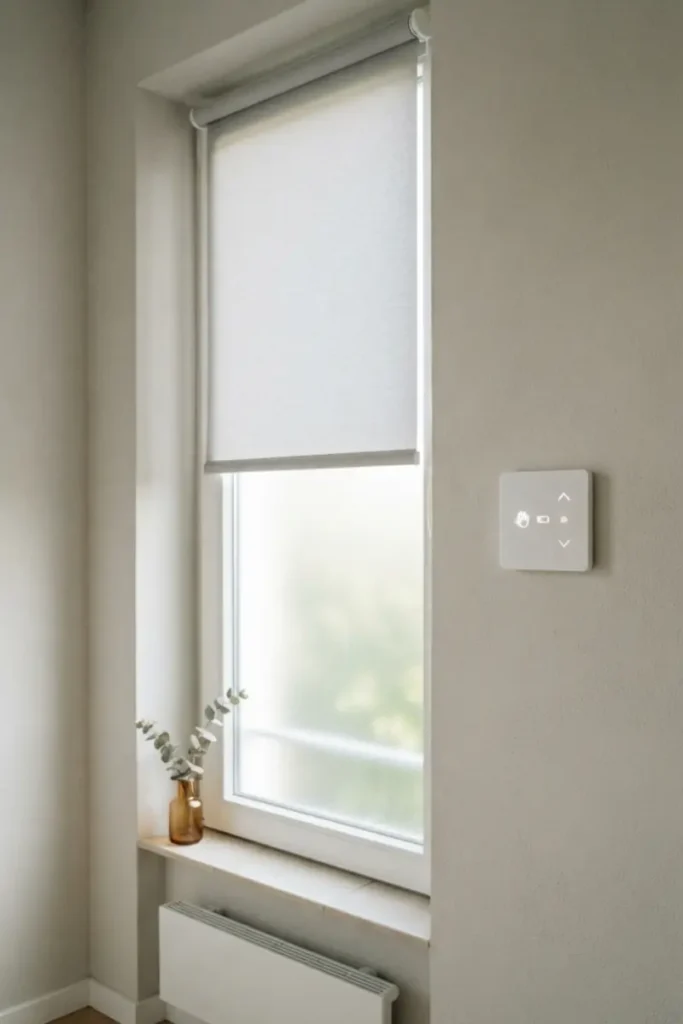 Bathroom blinds guide — motorized shade with a wall-mounted touch control panel
