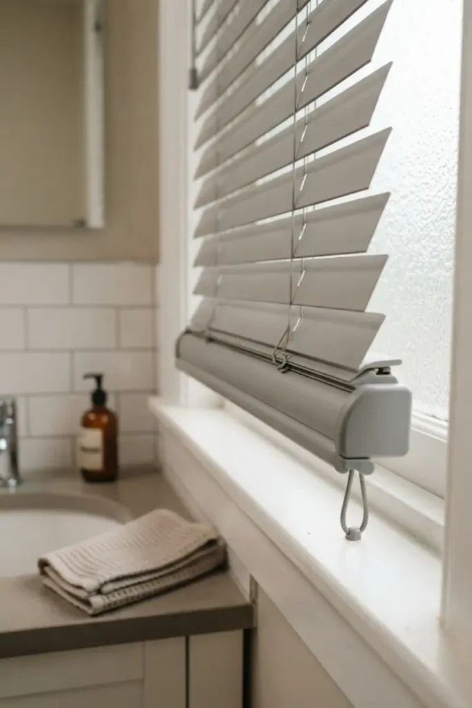 Bathroom blinds guide — close-up of a cordless blind's integrated pull loop mechanism