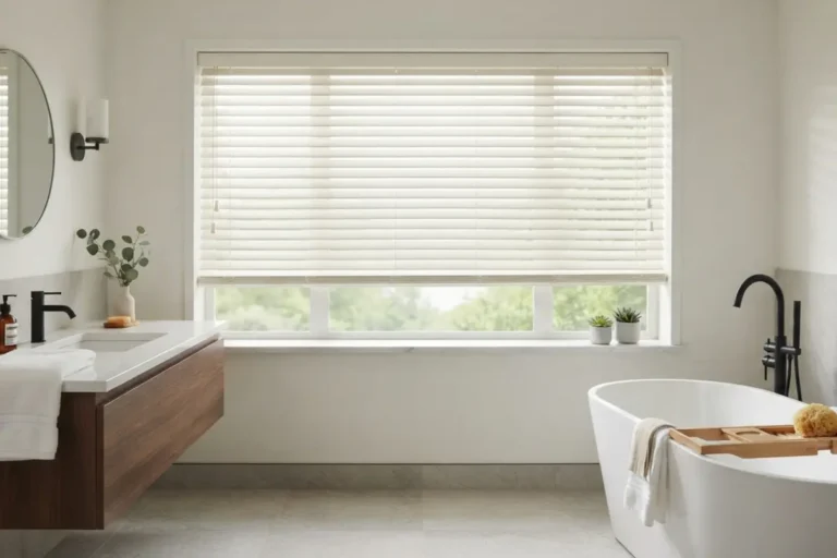bathroom blinds guide - faux wood blinds in a modern bathroom with freestanding tub