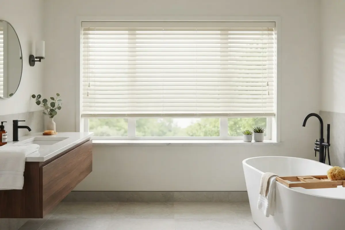 bathroom blinds guide - faux wood blinds in a modern bathroom with freestanding tub