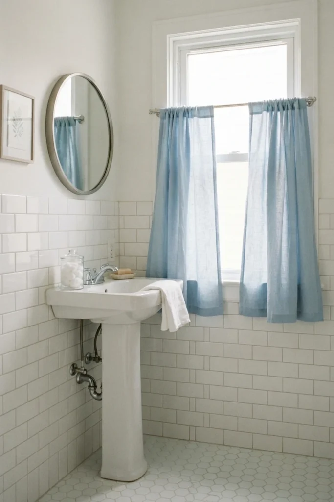Bathroom curtain colors with powder blue linen café curtains above a white pedestal sink in a small subway tile bathroom