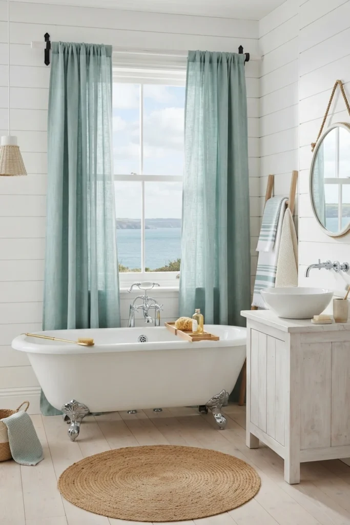 Bathroom curtain colors featuring seafoam linen curtains on a whitewashed rod behind a clawfoot tub in a coastal shiplap bathroom with a sea view