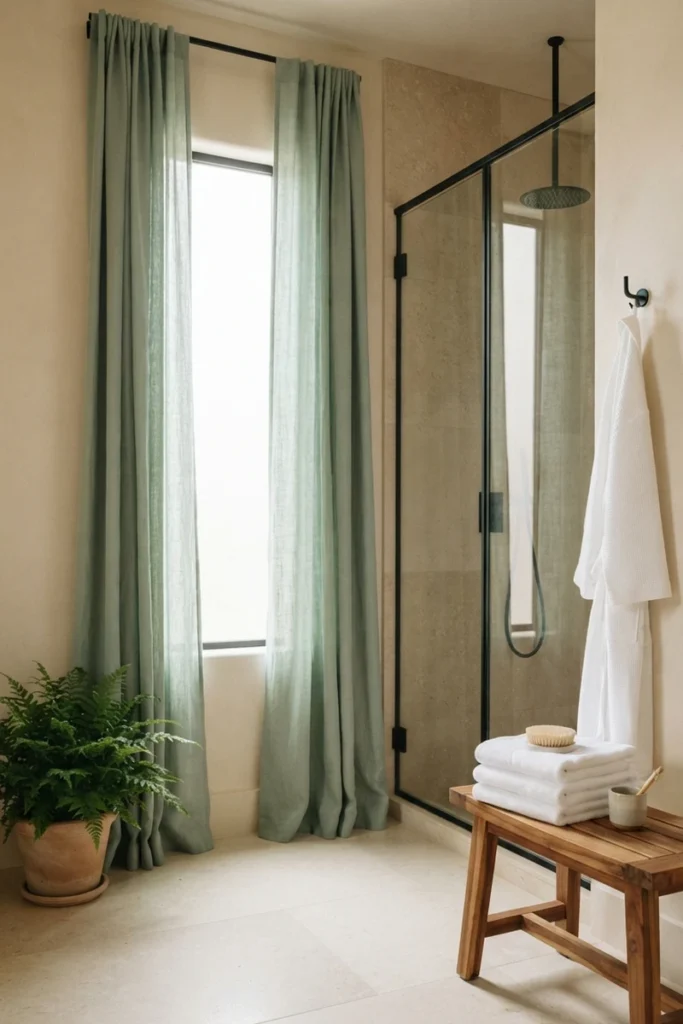 Bathroom curtain colors using soft eucalyptus green curtains beside a glass rainfall shower and teak bench in a spa bathroom