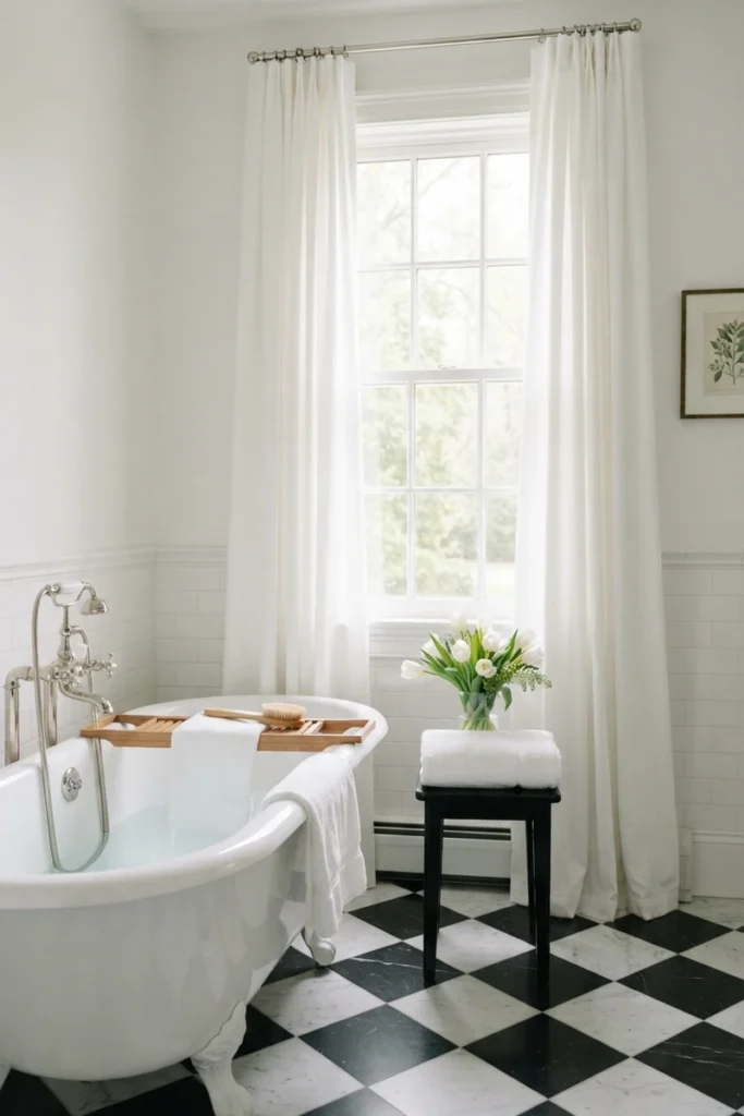 Bathroom curtain colors with crisp white curtains beside a clawfoot tub on a black and white checkerboard marble floor
