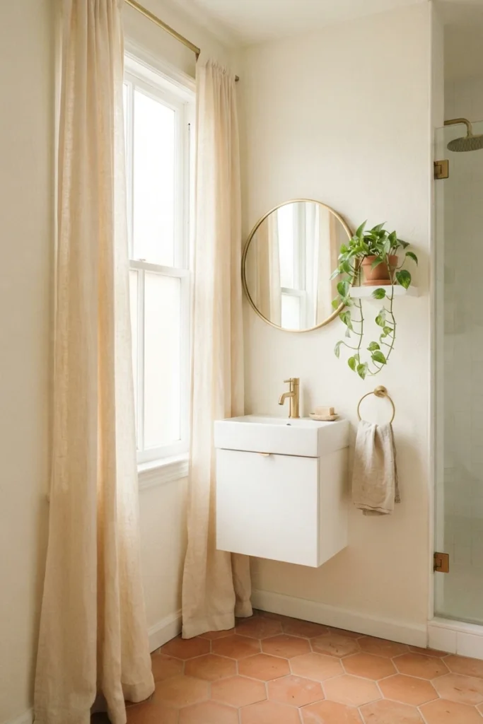 Bathroom curtain colors featuring warm cream linen curtains hung high in a small bright bathroom with terracotta hexagon tiles