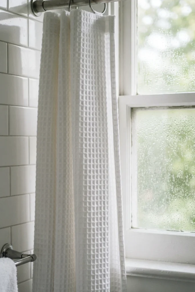 Bathroom curtain colors showing a close-up of a white waffle-weave curtain beside a window covered in water droplets