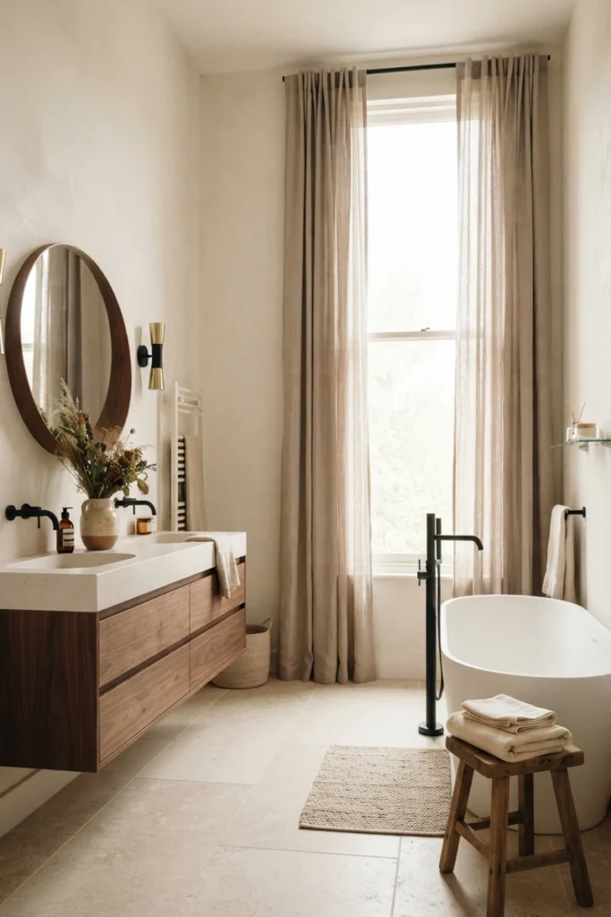 Bathroom curtain colors with tall taupe linen curtains beside a floating walnut double vanity and freestanding tub in a warm modern bathroom