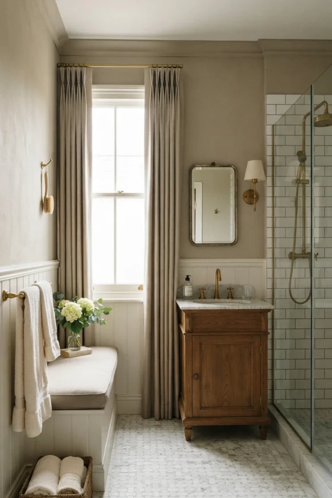 Bathroom curtain colors featuring warm greige pinch-pleat curtains in a traditional bathroom with beadboard, brass fixtures and a marble vanity