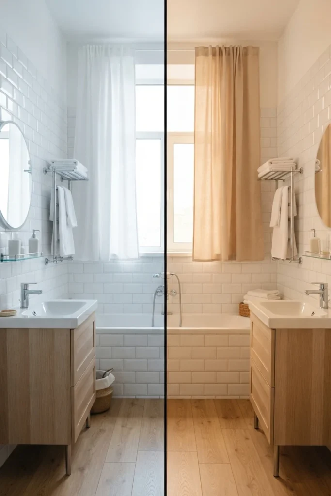 Bathroom curtain colors compared side by side, cool white curtains versus warm beige linen curtains in the same bathroom