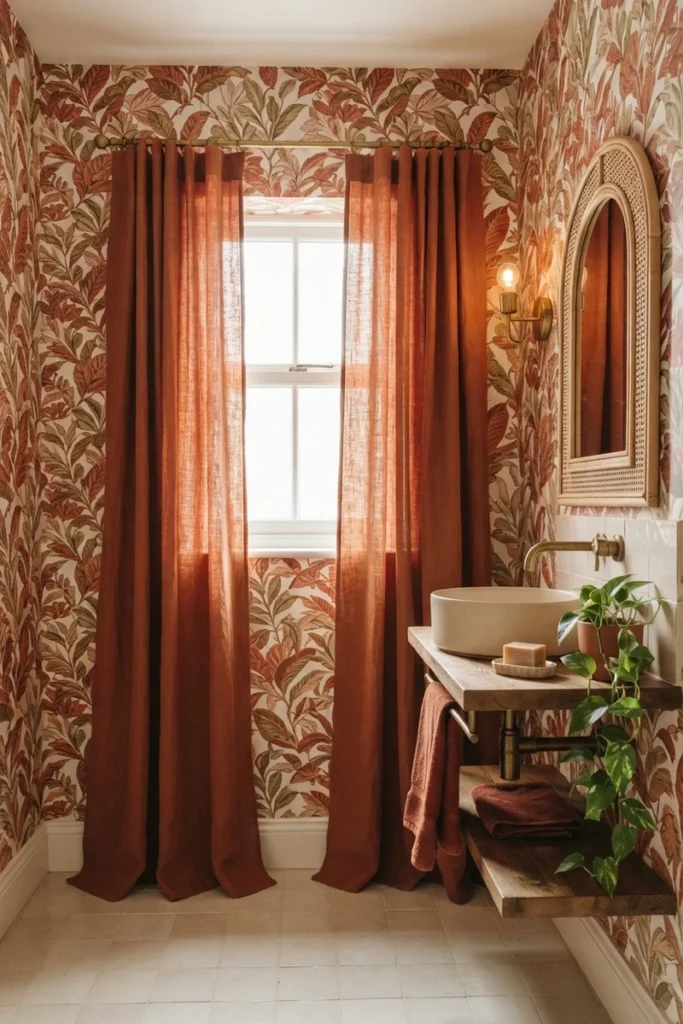 Bathroom curtain colors featuring terracotta linen curtains that match rust botanical wallpaper in a guest powder room