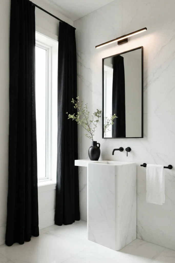 Bathroom curtain colors using bold matte black curtains against white marble walls in a modern high-contrast powder room