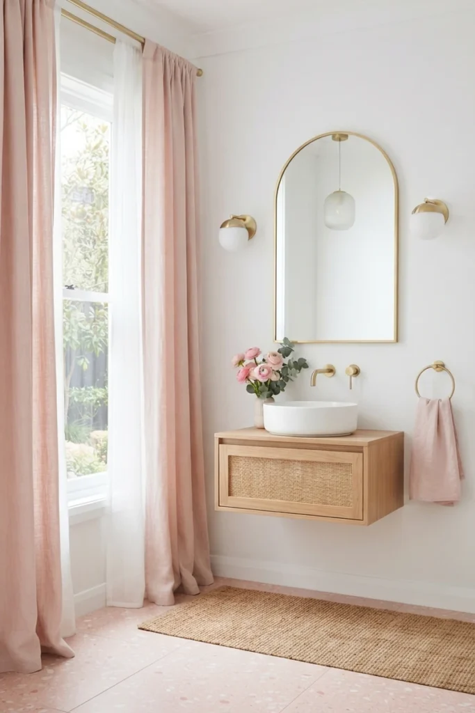 Bathroom curtain colors with blush pink linen curtains layered over white sheers beside a cane vanity and arched gold mirror