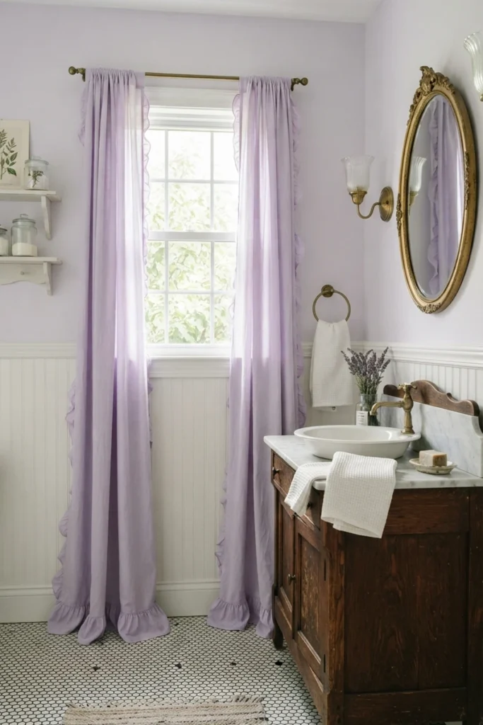 Bathroom curtain colors featuring soft lavender ruffled curtains in a vintage bathroom with a wooden washstand and gilded oval mirror