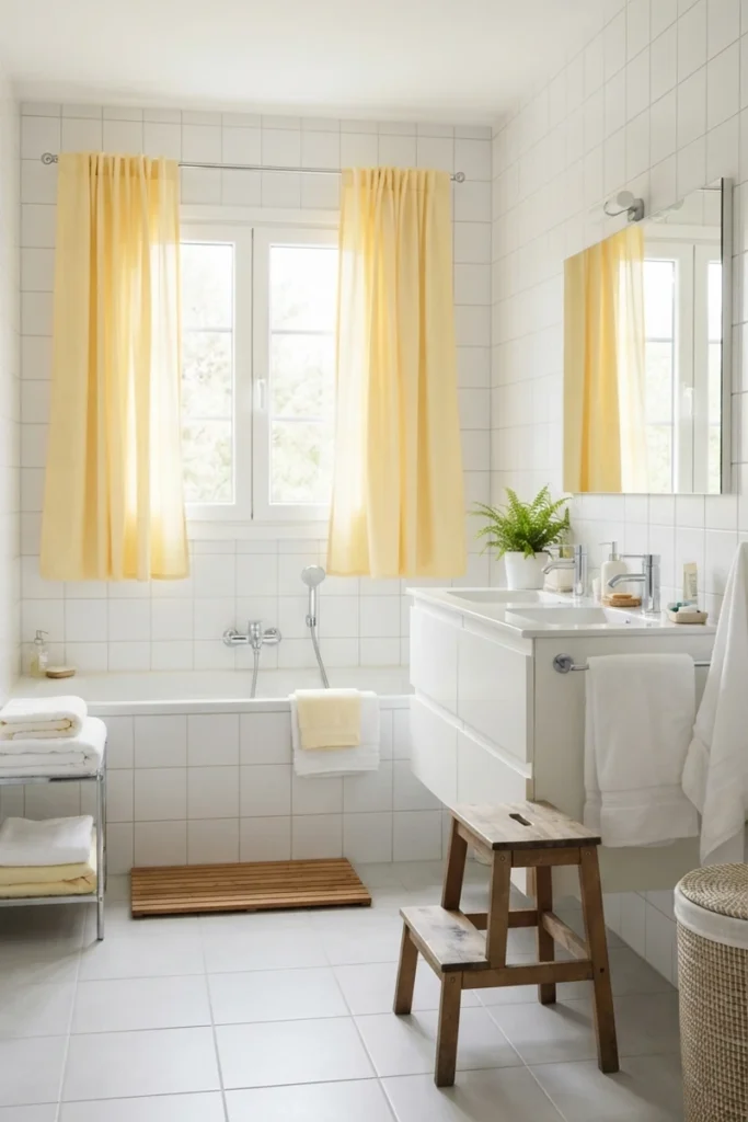 Bathroom curtain colors using soft buttery yellow curtains above a bathtub in a bright white-tiled family bathroom
