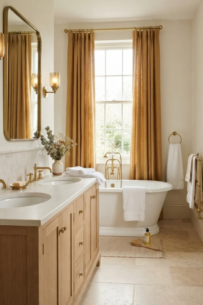 Bathroom curtain colors with golden ochre curtains matching brass faucets, mirror and tub filler in a warm bathroom