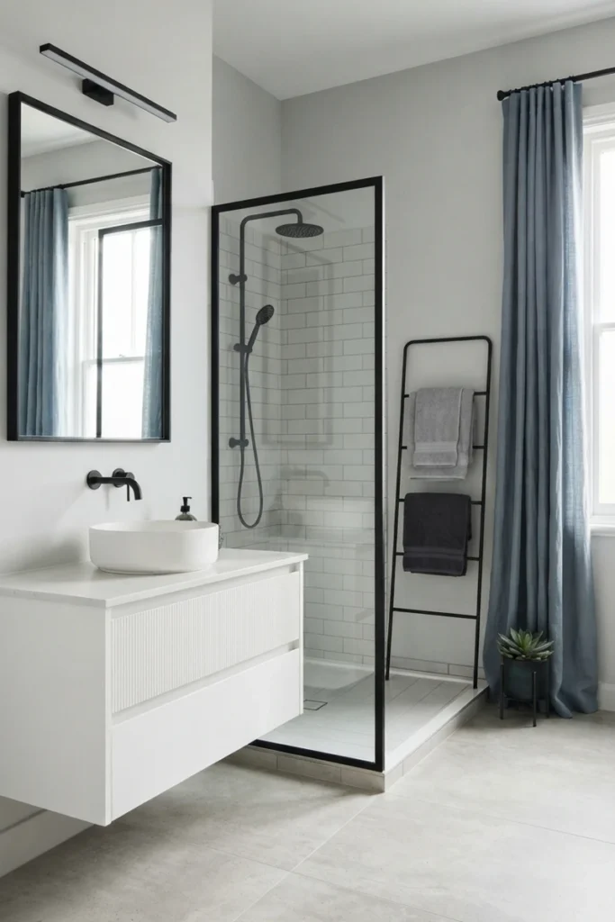 Bathroom curtain colors featuring cool slate blue curtains paired with matte black fixtures and a black-framed shower