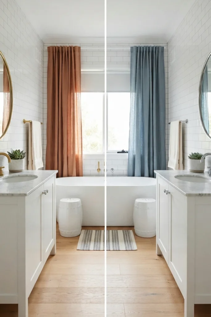 Bathroom curtain colors compared, terracotta curtains with brass fixtures versus dusty blue curtains with chrome fixtures