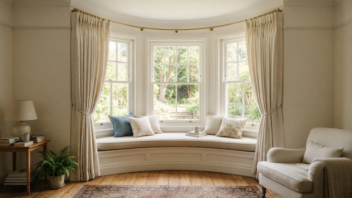 Bay window curtain ideas — curved curtain track dressing an angled window seat