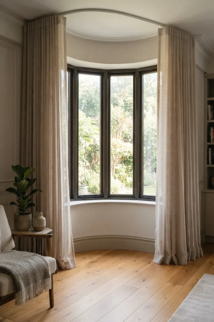Curved curtain track wrapping seamlessly around a bay window as one continuous unit