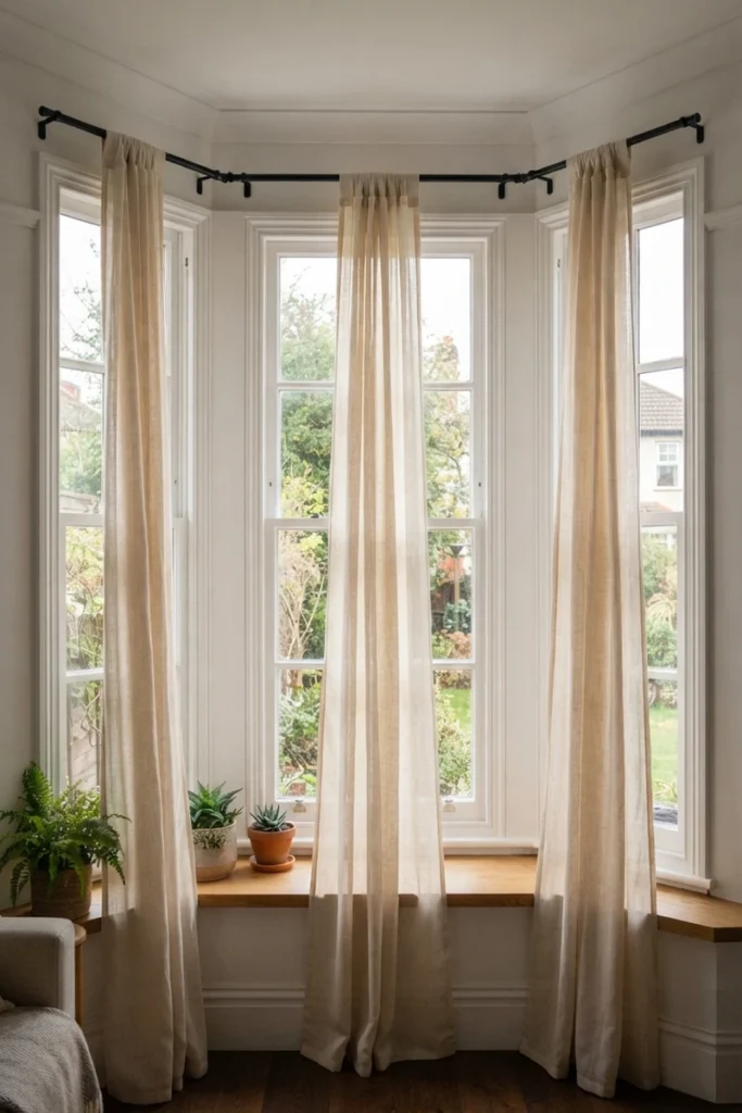 Individual curtain rods on each bay window pane allowing independent open and close control