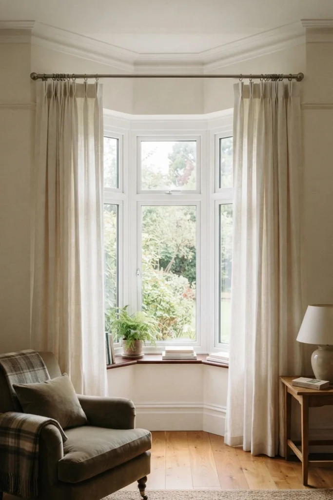 Single straight curtain rod mounted across the front of a bay window rather than following its angles
