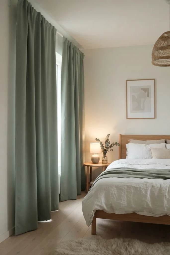 Bedroom blackout curtains in sage green triple-weave fabric drawn closed to keep a Scandinavian bedroom dim during the day