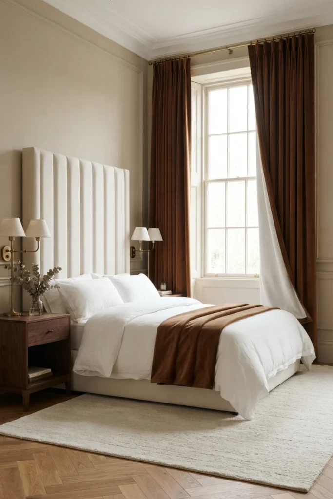 Bedroom blackout curtains in cognac velvet with one panel turned to show the white blackout lining in a formal bedroom