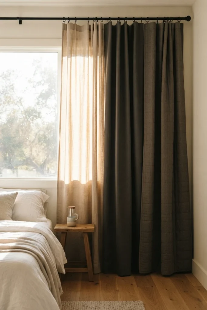 Bedroom blackout curtains compared, a standard curtain glowing in sunlight next to triple-weave and thermal-lined panels that block the light
