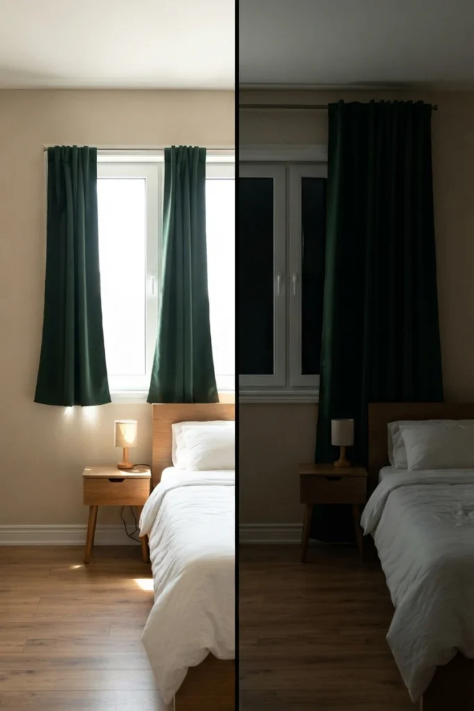 Bedroom blackout curtains compared, short narrow forest green panels leaking light versus high wide floor-length panels keeping the room dark