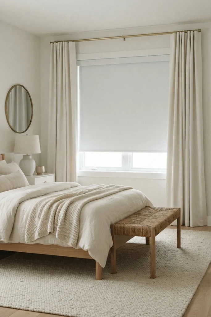 Bedroom blackout curtains in ivory hung high and wide over a white blackout roller shade in a bright bedroom