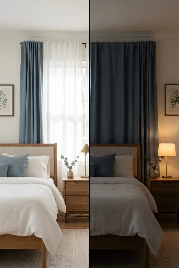 Bedroom blackout curtains shown day and night, white sheers filtering daylight versus dusty blue blackout panels closed at night