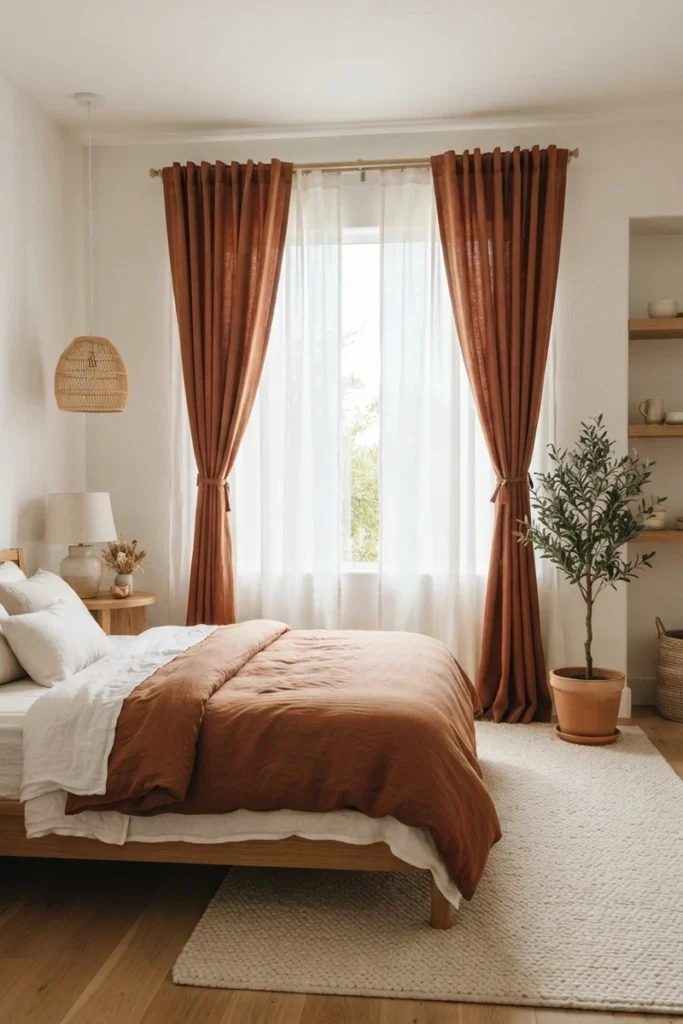 Bedroom blackout curtains in terracotta tied back beside closed white linen sheers softening daylight in a warm bedroom