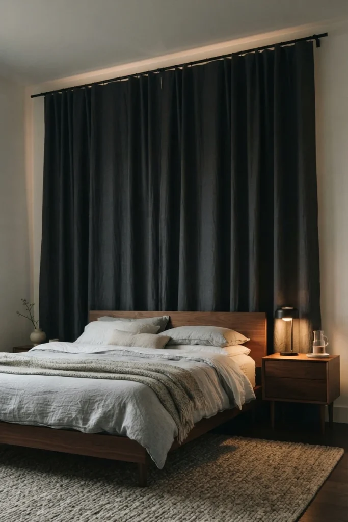 Bedroom blackout curtains in deep charcoal drawn fully closed behind a walnut bed in a dim, moody modern bedroom