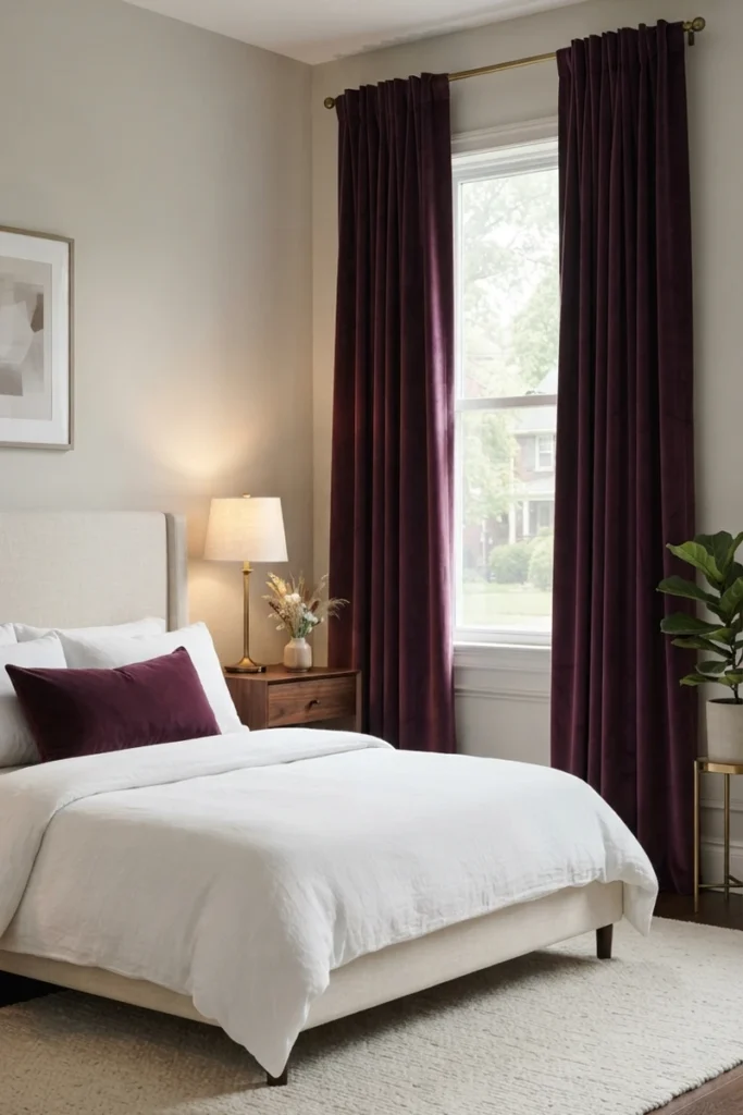 Bedroom blackout curtains in rich deep plum velvet on a brass rod beside a cream bed with a matching plum cushion