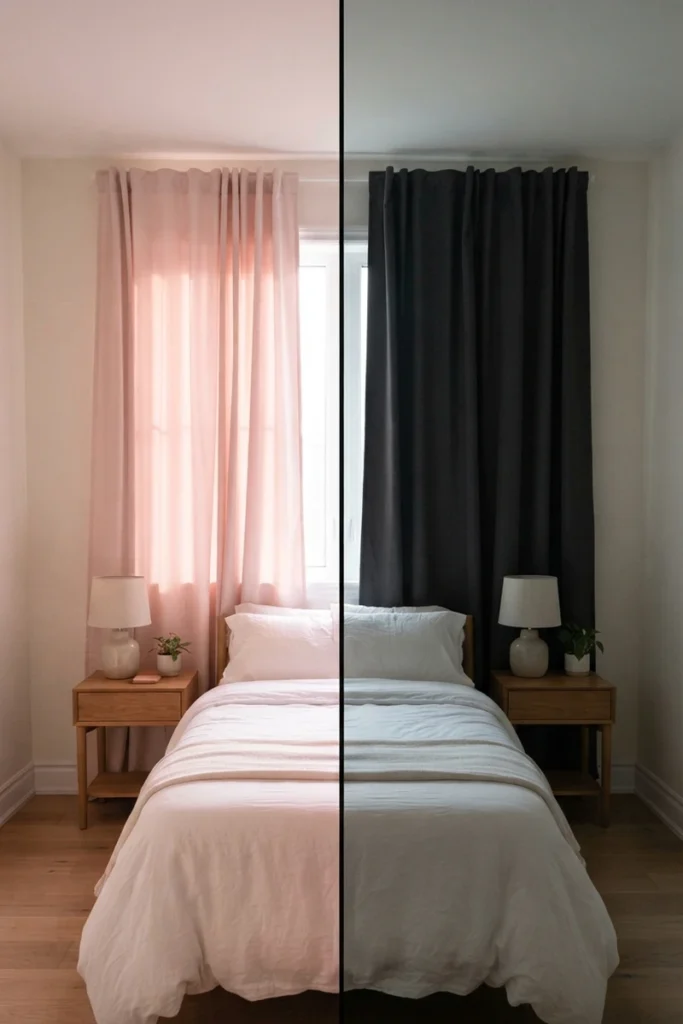 Bedroom blackout curtains compared, pale blush panels glowing in morning sun versus deep charcoal panels keeping the room dark