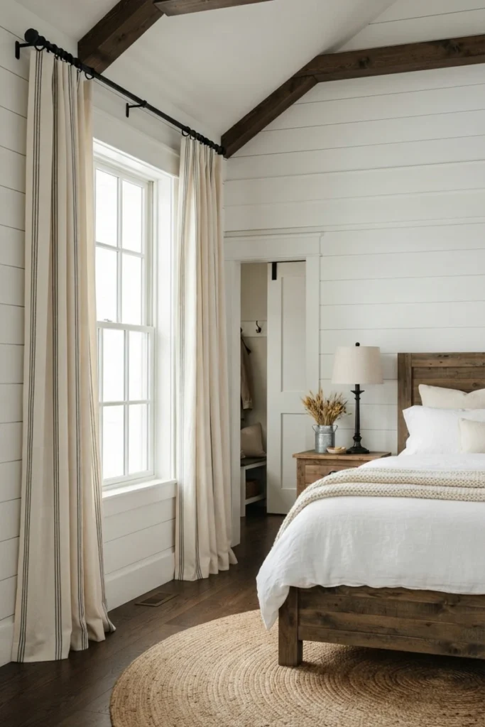 Bedroom blackout curtains in cream with charcoal stripes on a black iron rod in a farmhouse bedroom with shiplap walls and wood beams