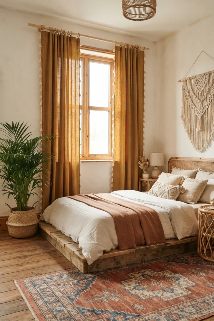 Bedroom blackout curtains in mustard ochre with cream tassel trim in a boho bedroom with macramé, rattan and a platform bed