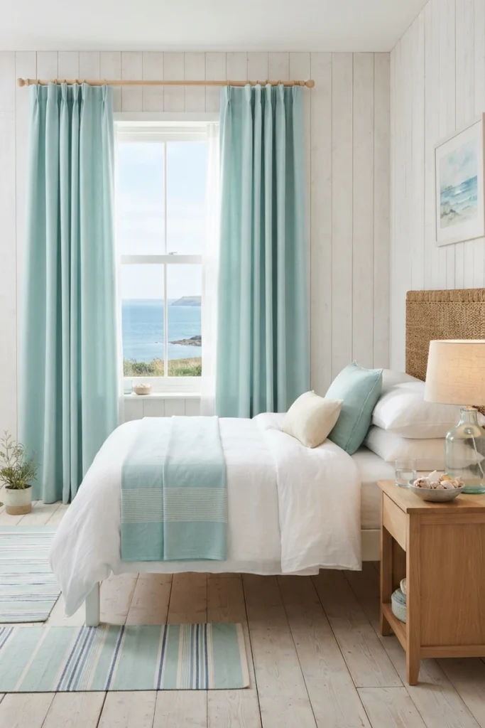 Bedroom blackout curtains in sea-glass aqua framing a window with a sea view in a bright whitewashed coastal bedroom