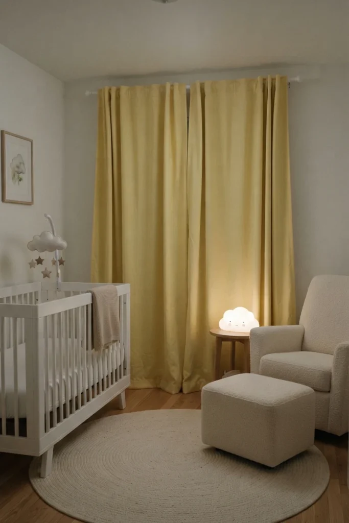 Bedroom blackout curtains in soft butter yellow drawn closed in a dim nursery with a white crib and a glowing cloud night light