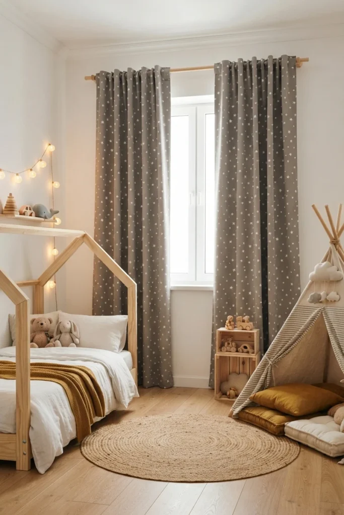 Bedroom blackout curtains in warm grey with a white star print in a playful kids' room with a house bed and teepee