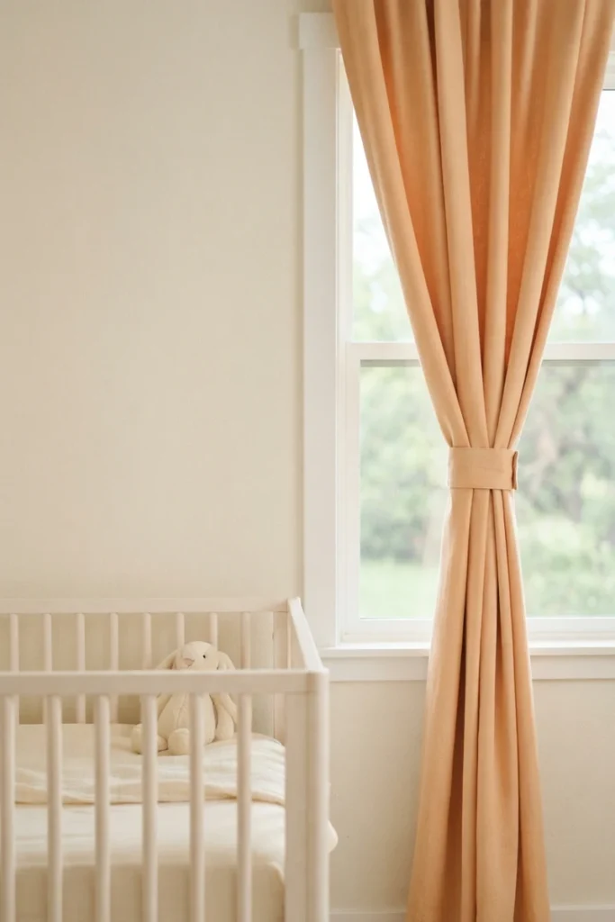 Bedroom blackout curtains in apricot held with a simple fabric tieback and no cords in a nursery with a white crib