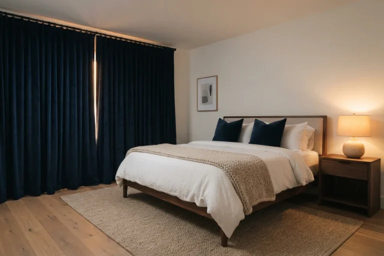 Bedroom blackout curtains in deep navy velvet drawn closed with a thin line of sunrise light beside a cozy bed with a glowing lamp