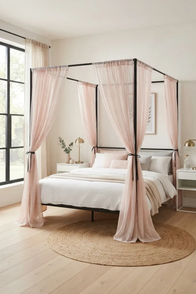 Canopy bed curtain ideas with blush pink sheer panels tied with black ribbons at each corner of a black metal four-poster bed