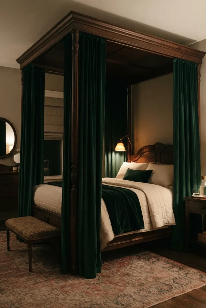 Canopy bed curtain ideas featuring deep emerald velvet panels enclosing a carved walnut four-poster bed in a cozy classic bedroom
