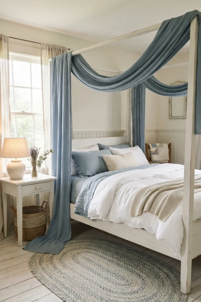 Canopy bed curtain ideas using a dusty blue cotton gauze swag draped across the rails of a white four-poster bed